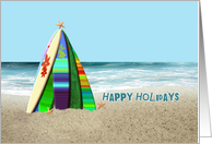 Surfboards Happy Holidays Surfboard Tree with Starfish on Beach card