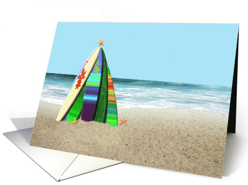 Surfboard Tree with Starfish on Beach by Ocean Blank card (1192742)