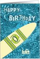 Surfer Birthday with Surfboard in Ocean Graphic Name Specific - Luke card