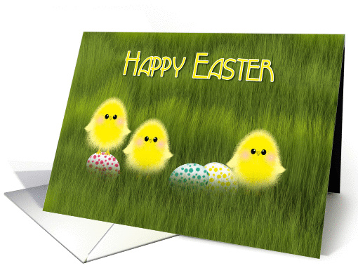Happy Easter Cute Chicks in Green Grass with Speckled Eggs card