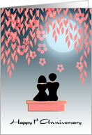 First Wedding Anniversary Asian Lovers in Blossom Garden Blue Moon card