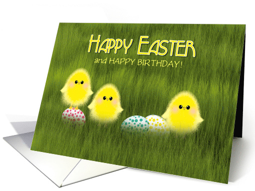 Birthday on Easter Cute Chicks in Green Grass Speckled Eggs card