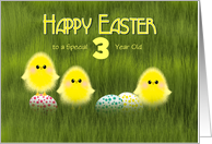 Three Year Old Happy Easter Cute Chicks in Green Grass Speckled Eggs card