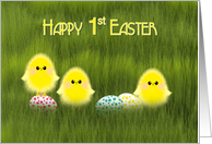 First Easter Cute Chicks in Green Grass Speckled Eggs card