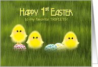 Triplets First Easter Custom Cute Chicks in Green Grass Speckled Eggs card