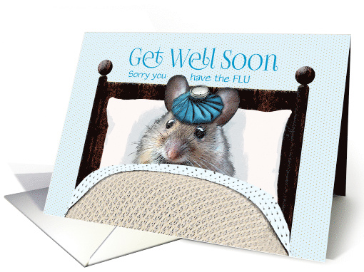 Influenza Get Well Soon Cute Mouse in Bed with Ice Bag on Head card
