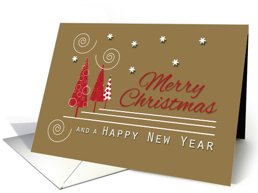 Red Trees Modern Merry Christmas with Swirls and Snowflakes card
