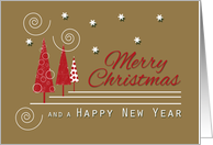 Red Trees Modern Merry Christmas with Swirls and Snowflakes card