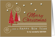 Sister Red Trees Custom Merry Christmas Swirls and Snowflakes card