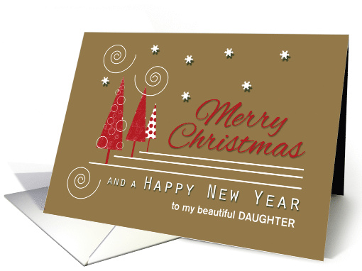 Daughter Red Trees Custom Merry Christmas Swirls and Snowflakes card