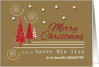 Daughter Red Trees Custom Merry Christmas Swirls and Snowflakes card