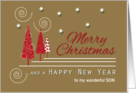 Son Red Trees Custom Merry Christmas Swirls and Snowflakes card