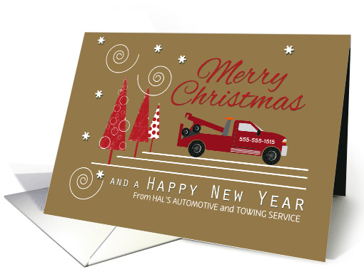 Automotive Tow Truck Business Custom Merry Christmas Red Trees card