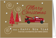 Automotive Tow Truck Business Custom Merry Christmas Red Trees card