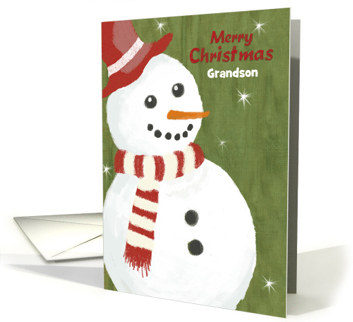 Grandson Red Hat Cute Snowman Merry Christmas with Woolen Scarf card