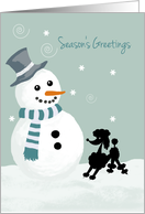 Toy Poodle Dog and Snowman Season’s Greetings Christmas card