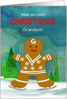 Grandson Sweet Christmas Skating Gingerbread Man card