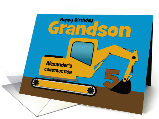 Grandson 5th Birthday Custom Name Yellow Excavator card (1519342)