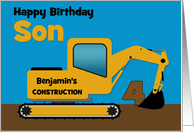 Son 4th Birthday Custom Name Yellow Excavator card