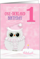 Girl Winter ONEderland Birthday First Birthday Snowy Owl and Cake card