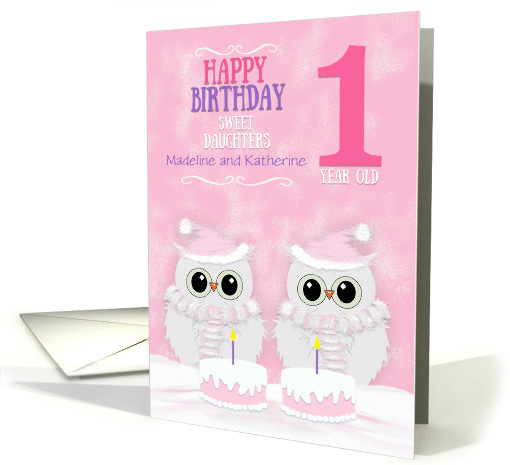 Twin Daughters Custom Names First Birthday Snowy Owls and Cakes card