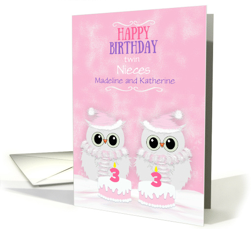 Twin Nieces 3rd Birthday Custom Snowy Owls and Cakes card (1554794)