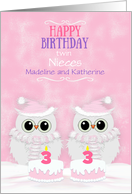 Twin Nieces 3rd Birthday Custom Snowy Owls and Cakes card
