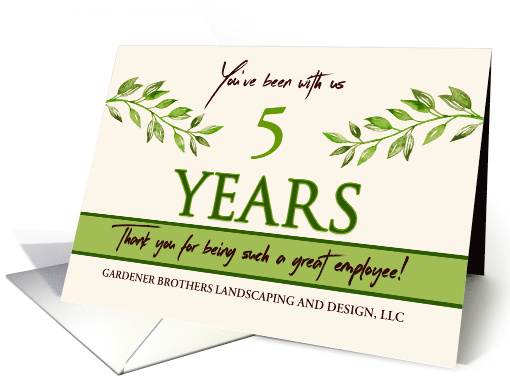 Employee 5th Anniversary Green Leaves Garden Theme Custom Year card