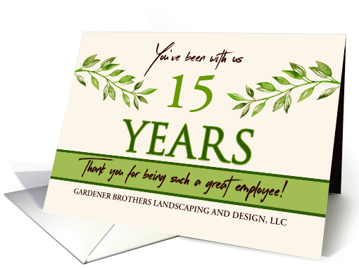 Employee 15th Anniversary Green Leaves Garden Theme Custom Year card