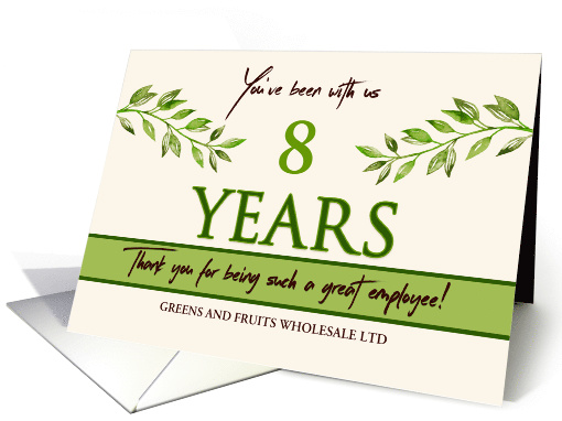 Employee 8th Anniversary Green Leaves Garden Theme Custom Year card