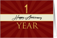 Employee 1st Anniversary Faux Gold on Red Sunburst Background card