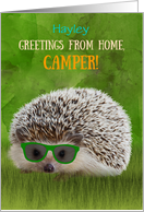 Custom Name Greetings Camper Summer Camp Hedgehog Cool Sunglasses Vibe card