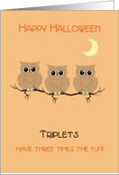 Halloween Triplets Cute Owls on Tree Branch with Moon card