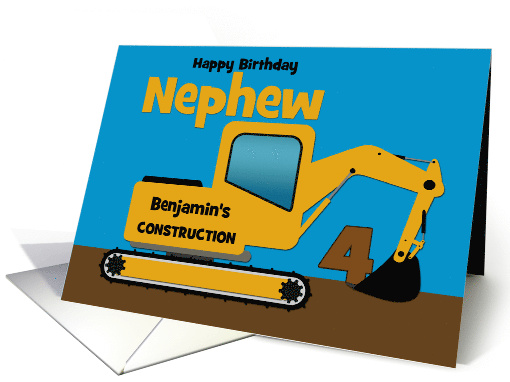 Nephew 4th Birthday Custom Name Yellow Excavator card (1590570)