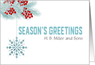 Season’s Greetings Business Custom Name Snowflake Evergreens card