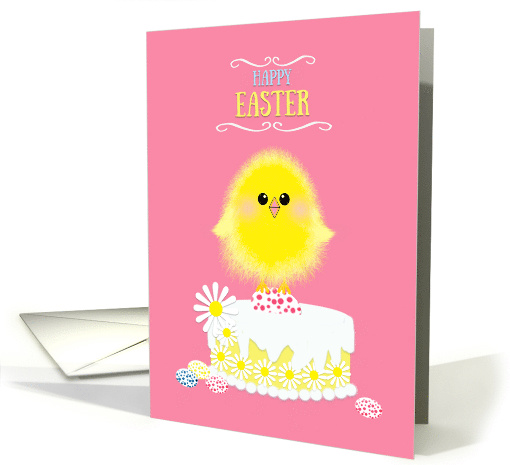 Easter Yellow Chick Cake and Speckled Eggs on Pink card (1600760)