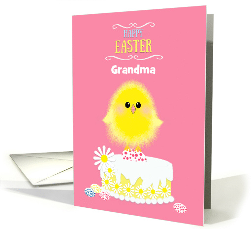 Grandma Easter Yellow Chick Cake and Speckled Eggs on Pink Custom card