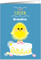 Grandma Easter Yellow Chick Cake and Speckled Eggs on Blue Custom card