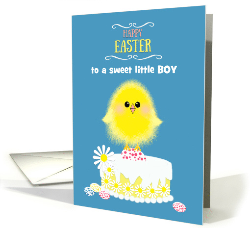 Boy Easter Yellow Chick Cake and Speckled Eggs on Blue Custom card