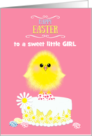 Girl Easter Yellow Chick Cake and Speckled Eggs on Blue Custom card