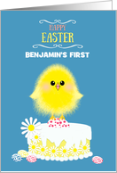 Baby’s First Easter Yellow Chick Cake and Speckled Eggs on Blue Custom card
