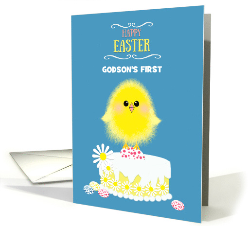 Godson's First Easter Chick on Cake Speckled Eggs Custom Blue card
