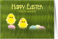Boy Girl Twin Easter Cute Chicks in Green Grass Speckled Eggs card