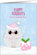 Christmas Granddaughter Snowy Owl and Festive Pudding Holidays Pink card