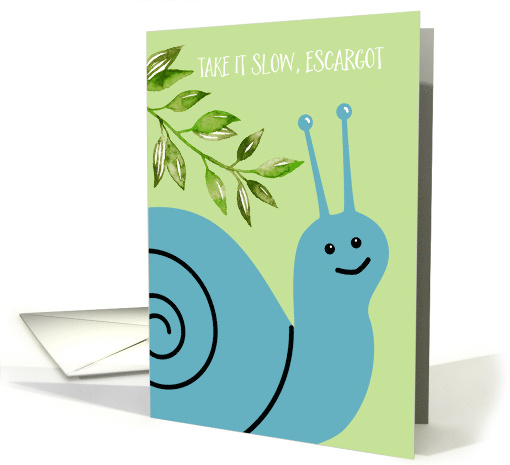 Get Well Take it Slow Escargot Blue Snail and Green Leaves Humor card