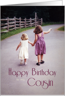 Cousin Happy Birthday Girls Holding Hands on Country Road card