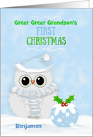 Great Great Grandson Custom Name First Christmas Snowy Owl Pudding card