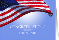 Congratulations on your Green Card U.S. Flag Against Blue Sky and Sun card