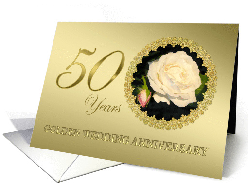 Golden Wedding 50th Anniversary White Roses in Gold Effect Frame card