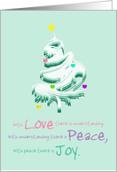 Love Peace Joy Christmas Tree Ornaments and Star in Aqua card